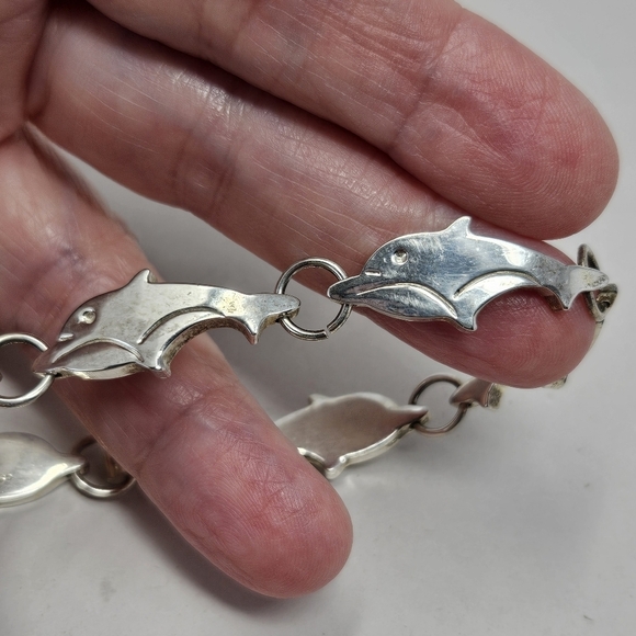 Dolphins Sea Life Love Sterling 925 Silver Wrist Linked Bracelet 7.5 Inches - Picture 4 of 7